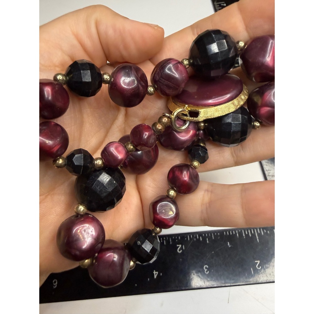 Chunky Plum and Black Bead Statement Necklace Gold Tone Pendant 18 Inch